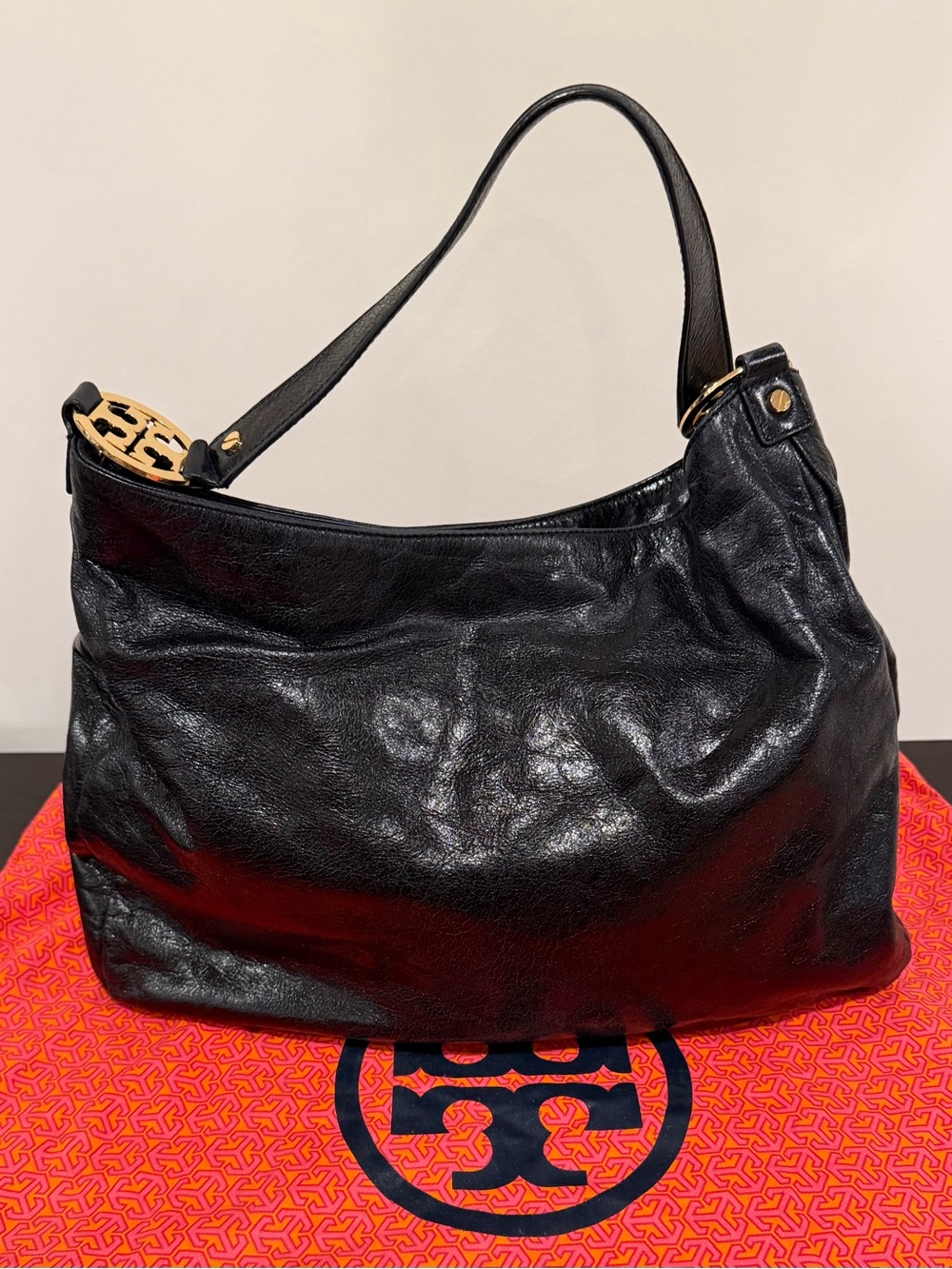 Tory Burch Crinkled Black Leather Shoulder Hobo with Gold Logo Clean Interior